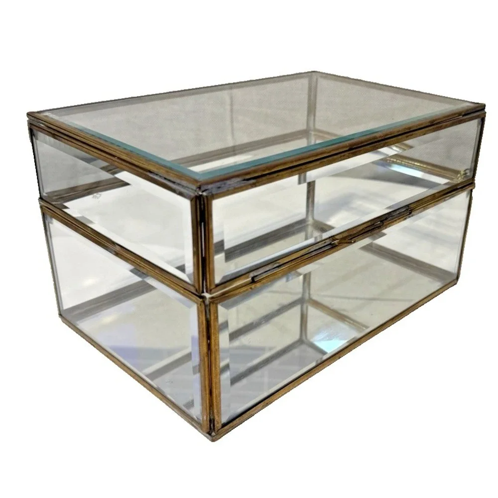 Vintage Enesco Glass Brass Large Curio Trinket Jewelry Box Display